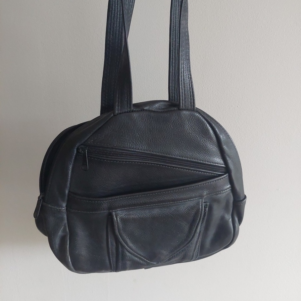 Vintage Black Leather Travel Backpack Shoulder Bag YKK Zippers Euc Romag Button